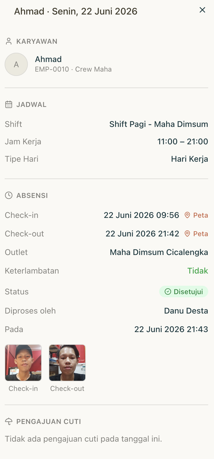 Detail absen per karyawan: foto, jam, dan lokasi