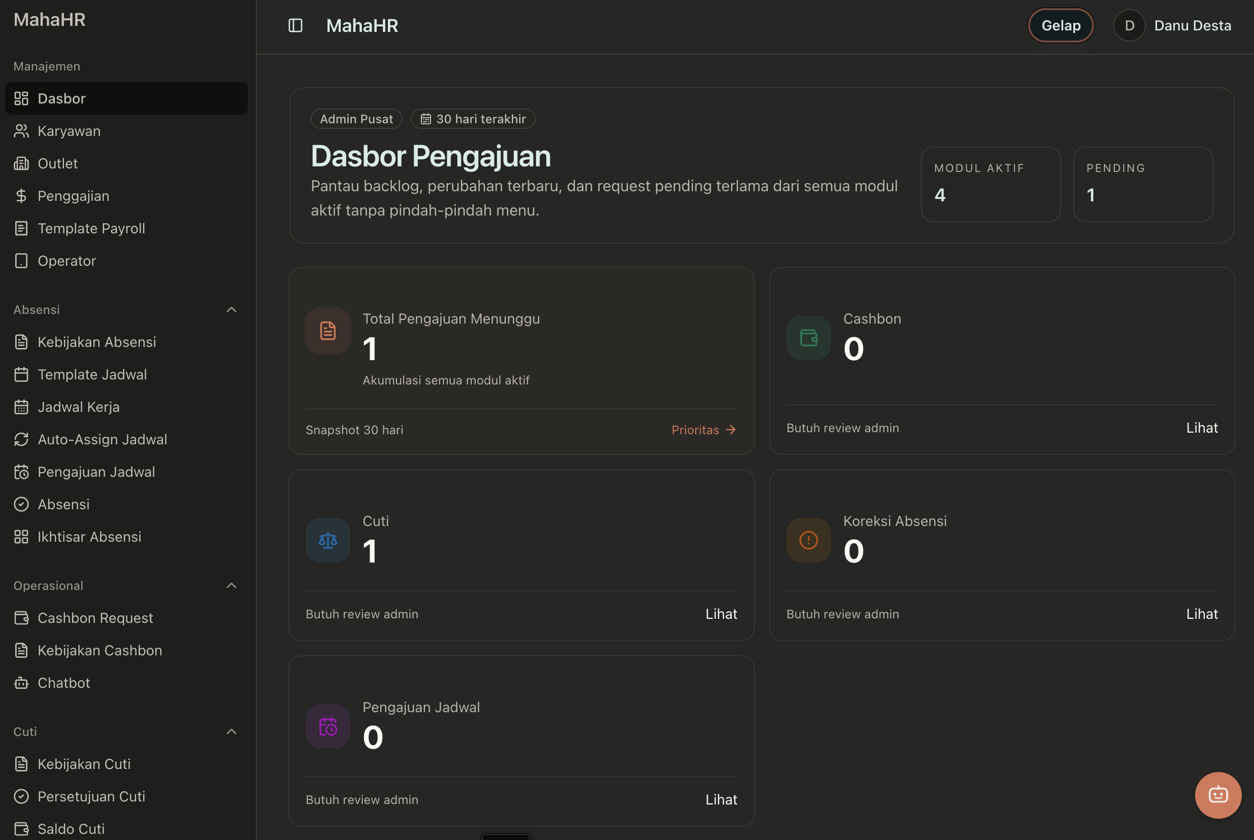 Dashboard owner MahaHR dalam mode gelap