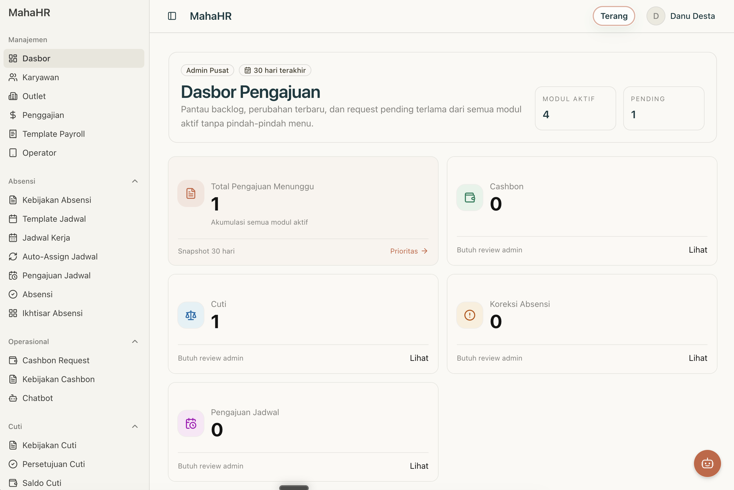 Dashboard MahaHR — ringkasan pengajuan & kehadiran semua outlet