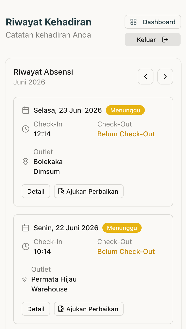 Riwayat absen karyawan di aplikasi mobile
