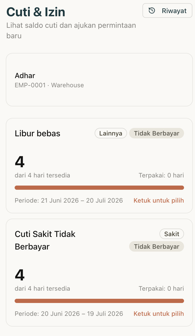 Saldo cuti & izin karyawan di aplikasi mobile