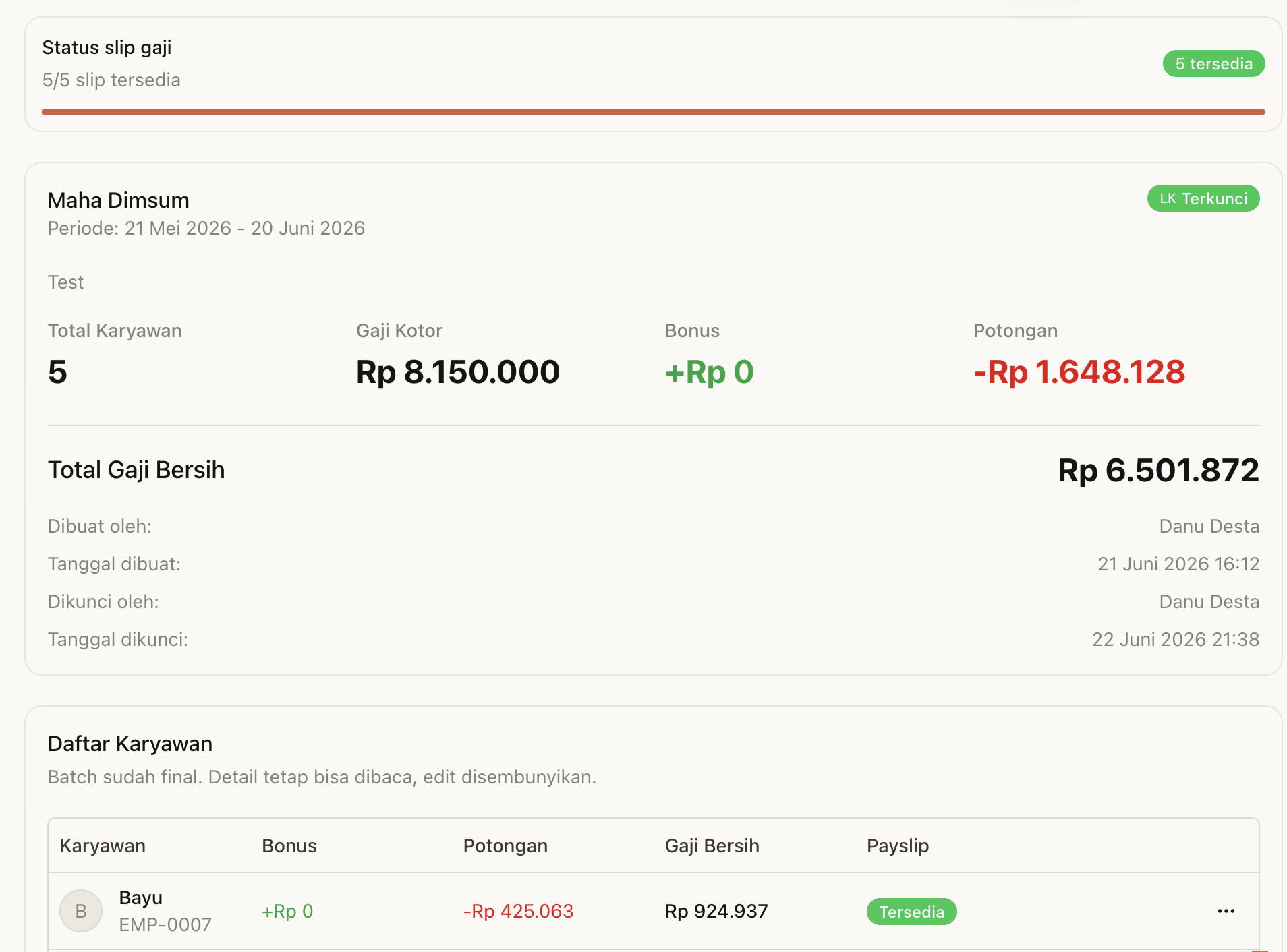 Rincian payroll & status slip gaji